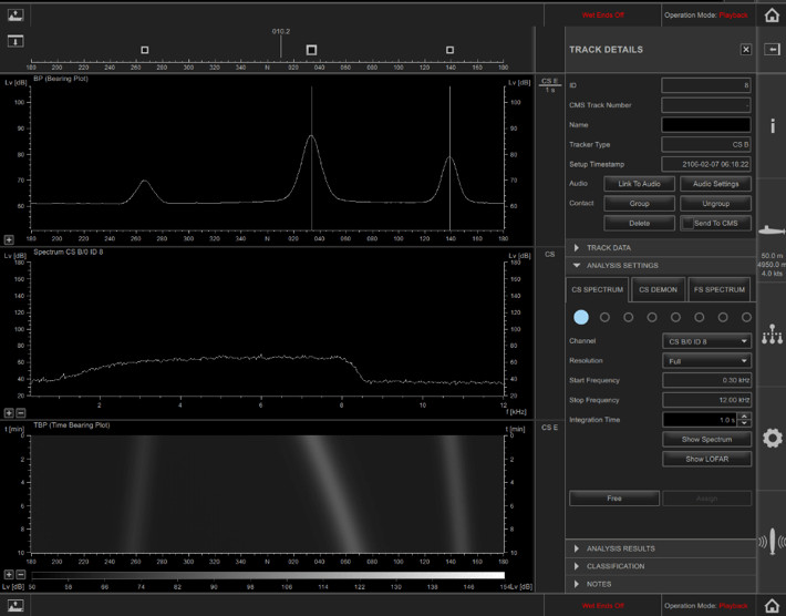 PILOS 2.0 HMI showing Bearing, Frequency and Time Bearing Plots (night mode)